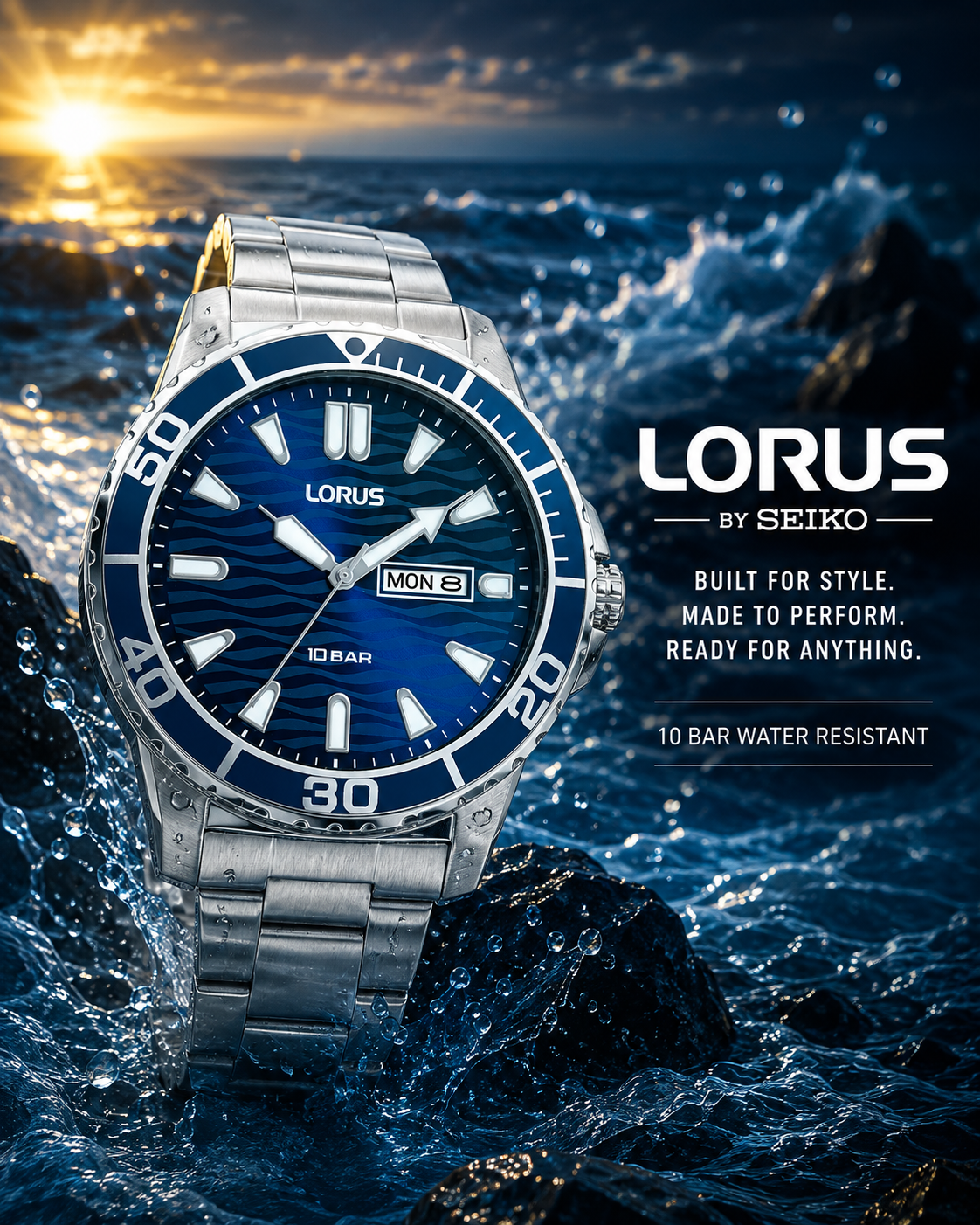 Lorus 42mm Quartz – Dark Blue Sunray Dial | Stainless Steel Bracelet | Day-Date