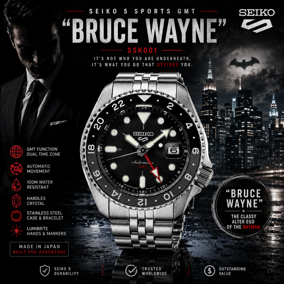 Seiko 5 Sports GMT SSK001 “Bruce Wayne” – Black Dial Automatic GMT