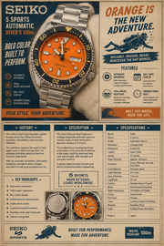 SEIKO 5 SPORTS SRPD59K1 AUTOMATIC Orange Dial Diver Style “Orange Is The New Adventure.”