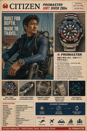 Citizen Promaster Eco-Drive GMT Diver B877-R012835 — commonly nicknamed the “Promaster GMT Pepsi.”
