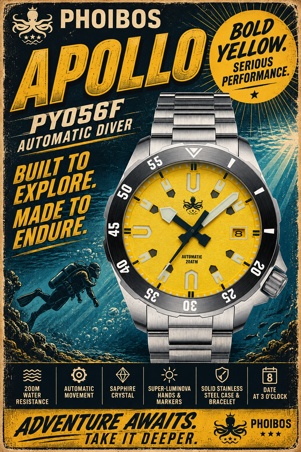 PHOIBOS Apollo PY056F – Yellow – 200M Automatic Diver "High Beat" Movement